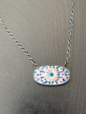 Antique Porcelain Lozenge and Sterling Silver Necklace